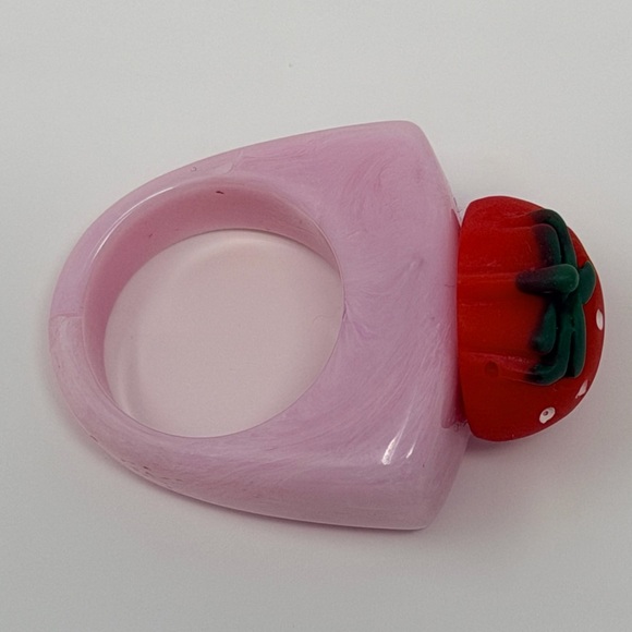 Pink Strawberry Ring Fruit Print 3D Rings Y2K Jewelry Fruity Gingham Accessories - Picture 5 of 16